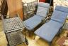 A pair of painted aluminium garden loungers, width 68cm, length 160cm together with a matching two tier drinks trolley and small square occasional table                                                                    