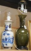 A blue and white Chinese vase converted to a lamp and another green vase / lamp                                                        