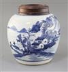 A Chinese blue and white ovoid jar, 18th century, total height 23.5cm including pierced wood cover                                     