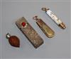 A Stanhope 'walnut' pendant, an enamelled propelling pencil, a hardstone pendant and a lipstick holder with mirror.                    