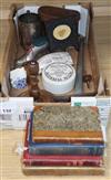 A quantity of mixed collectables including a Scottish laburnum candlestick, a leather cased pair of binoculars,                        