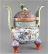 A Chinese famille rose enamelled tripod censer and cover, Qing dynasty, Jiaqing/Daoguang period, 27.5cm high, restoration              