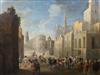 Attribuited to Jean Baptiste van Meunincxhove (1620-1704) Street scene with nobleman departing 32.5 x 42in.                            