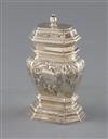 A late George I silver narrow bombe shaped tea caddy, 4.5 oz.                                                                          