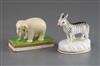 A porcelain figure of an elephant attributed to Davenport and a Staffordshire porcelain zebra, c.1830-40, L. 8cm                       