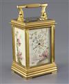 An early 20th century ormolu and porcelain hour repeating carriage clock, 6.5in., with travelling case                                 