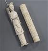 A 19th century Chinese export ivory bodkin case and the figure of a woman                                                              