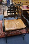 Six iron patio chairs with leather cushions                                                                                            