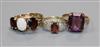 Three assorted 9ct gold and gem set dress rings,.                                                                                      