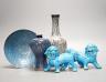 A pair of Chinese turquoise lion dogs, two flambe vases and a blue glazed dish, 25cm                                                                                                                                        