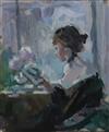 § Sherree Valentine Daines (1956-) Young lady reading a book 8.5 x 7.25in.                                                             