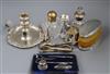 Two silver-mounted cut glass toilet bottles, a silver-mounted manicure set (cased) and sundries,                                       