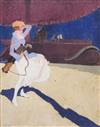 Peter Helck (American, 1893-1988) 1920's lady golfer and sports car 15 x 12in.                                                         