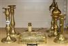 Seven brass items including candlesticks and handwarmer, etc                                                                           