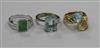 Three 18ct gold and gem set dress rings, including a white gold, green garnet? and diamond tablet ring.                                