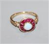 A 9ct gold, white opal and ruby cluster target ring, with diamond set shoulders, size M                                                