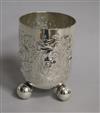 A 19th? century embossed silver beaker, with hallmarks for London Assay Office, London, 1999, 4.75 oz.                                 