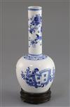 A Chinese blue and white bottle vase, PLEASE NOTE Republic period NOT Kangxi, H. 17.2cm, wood stand                                    