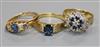 Three assorted 18ct gold, sapphire and diamond set dress rings.                                                                        