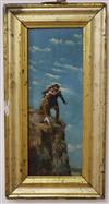 Late 19th century English School, oil on panel, Couple on a cliff top, monogrammed, 43 x 16cm                                          