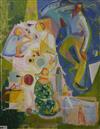 Modern British oil on canvas, The Picnic, inscribed 'Brick' verso, 92 x 71cm, unframed.                                                