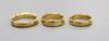 Three assorted 22ct gold wedding bands                                                                                                                                                                                      