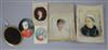 A group of five unframed miniature portraits,                                                                                          