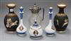 A pair of Staffordshire pottery vases, an opaque glass set of dressing table bottles and a claret jug tallest 25cm                     