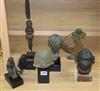 Two resin classical busts, tribal carving, metal head, metal seahorse and an Egyptian figure                                           