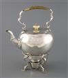 A George II silver bullet shaped tea kettle on stand with burner by George Greenhill Jones?,                                           