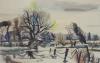 Rowland Sudduby, watercolour, The Stour near Bures, Suffolk, signed, 1949 Exhibition label for Artist's of Fame and Promise Part 2, 36 x 56cm                                                                               