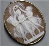 A 'Three Graces' cameo brooch in unmarked yellow metal mount, 48mm.                                                                    