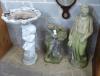 Two reconstituted stone garden statues and a bird bath, largest height 99cm                                                                                                                                                 