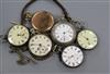 Three silver pocket watches, one gold plated pocket watch and two others.                                                              