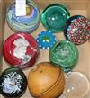 A collection of glass paperweights and a Mauchline string box                                                                          