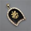 A yellow metal, black onyx and diamond set shaped pendant depicting St. George & the Dragon, 36mm.                                     