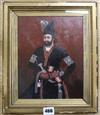 Persian School, oil on board, Portrait of a nobleman, possible overpainted print, 24 x 19cm                                            