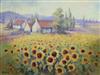 Jo Hodder, oil on board, cottage in a field of sunflowers                                                                              