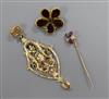 A yellow metal gem set and enamel pendant, a garnet set brooch and a gem set stick pin.                                                