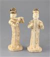 Two rare Chinese Qingbai standing figures of musicians, Song dynasty (11th/12th century), 9 and 8.5cm high, slight faults              