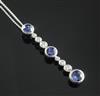 A modern white gold, sapphire and diamond drop bar pendant, pendant 44mm.                                                              