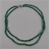 A double strand facet cut emerald bead necklace, with white metal, diamond and cultured pearl set clasp, 44cm.                         