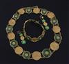 A Chinese high carat gold and jadeite suite of jewellery, comprising a necklace, bracelet and pair of drop earrings,                   