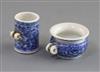 Two Chinese blue and white bird feeders, 19th century, H. 3.3cm and 1.9cm, boxed                                                       