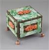 A Chinese jadeite and coral mounted silver-gilt trinket box, 10.1 x 10.1cm. height 9cm                                                 