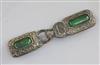 A Chinese bronze and jadeite mounted two piece belt buckle, L. 15.5cm                                                                  