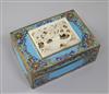 A 19th century Chinese rectangular cloisonne enamel box, mounted with a 17th/18th century white jade plaque, 10.3 x 9cm, height 6.5cm, 