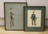 C.A. Collins, watercolour, Officer of the Rifle Brigade 1899, signed and dated 1971, 21 x 16cm and earlier watercolour caricature, The Gunners by Sniper, 34 x 26cm                                                         
