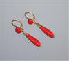 A modern pair of Italian 750 yellow metal and coral drop earrings, overall 41mm.                                                       