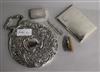An Edwardian repousse silver hand mirror, a silver box, buffer, fruit knife and cigarette case.                                        